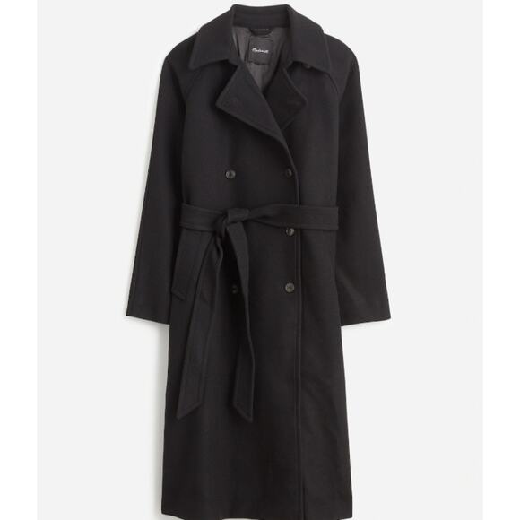 Madewell Double-Breasted Trench Coat Sz XS Black Drapey Wool-Blend Twill Belted - Picture 3 of 10